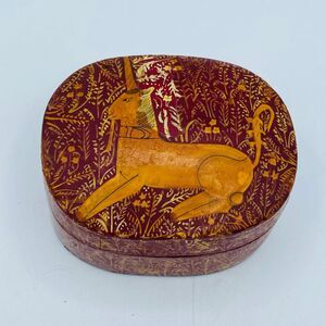 Vintage Hand Painted Wooden Laquered Unique Unicorn Trinket Box Kashmir 1940s
